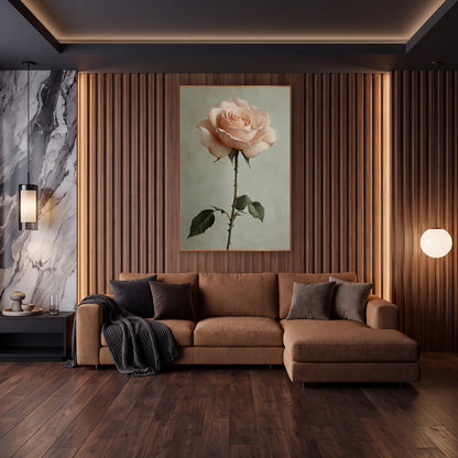 Blush Garden Rose Romantic Botanical wall art in an elegant modern room – single blush pink garden rose on a long