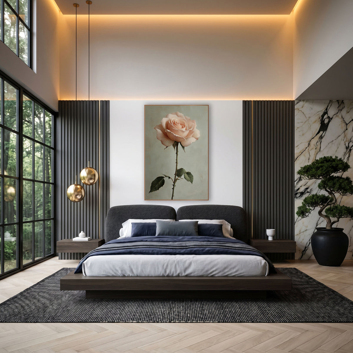 Blush Garden Rose Romantic Botanical wall art in an elegant modern room – single blush pink garden rose on a long