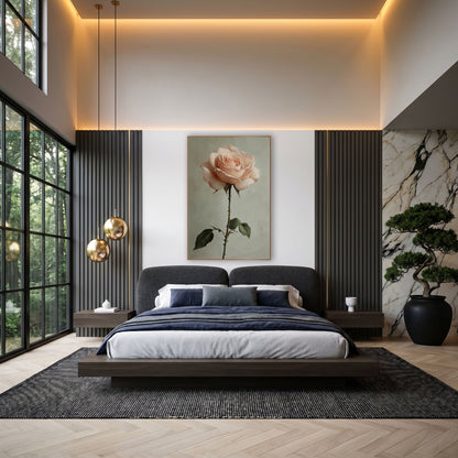 Blush Garden Rose Romantic Botanical wall art in an elegant modern room – single blush pink garden rose on a long