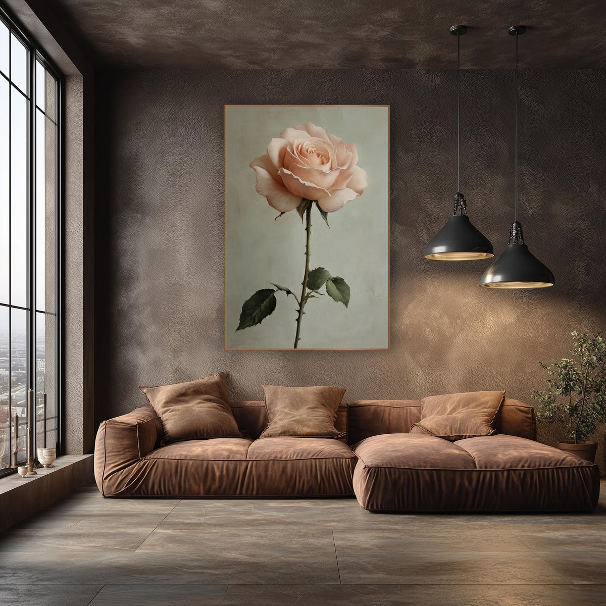 Blush Garden Rose Romantic Botanical wall art in an elegant modern room – single blush pink garden rose on a long