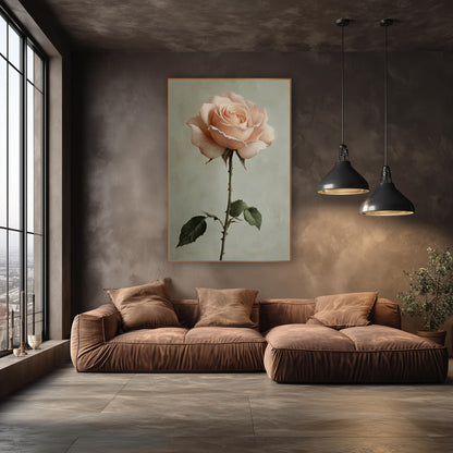 Blush Garden Rose Romantic Botanical wall art in an elegant modern room – single blush pink garden rose on a long