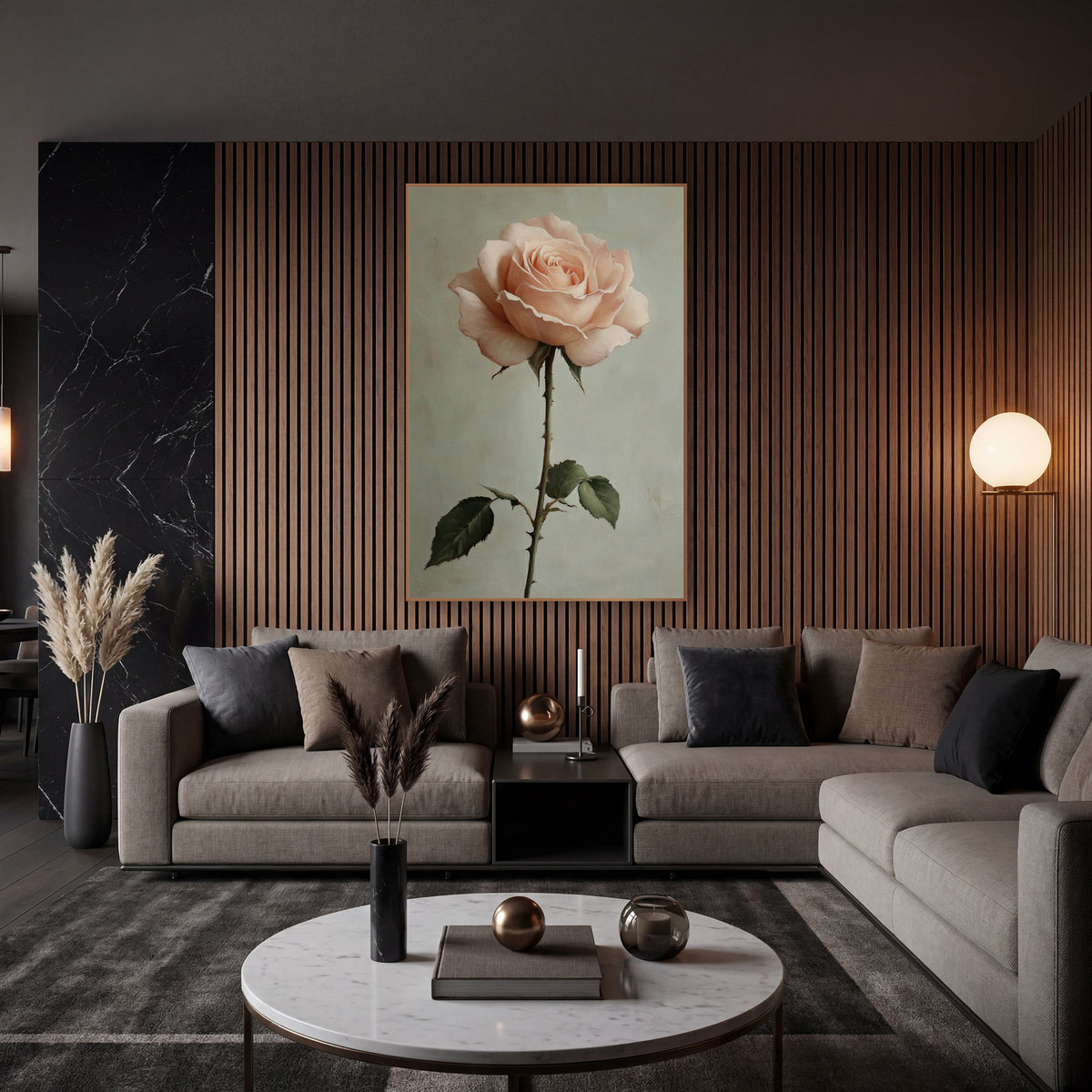 Blush Garden Rose Romantic Botanical wall art in an elegant modern room – single blush pink garden rose on a long