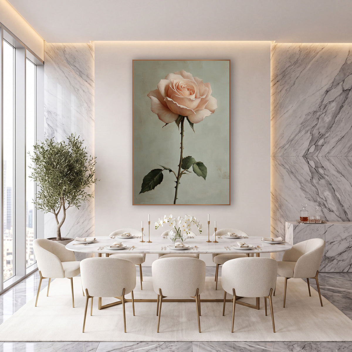 Blush Garden Rose Romantic Botanical wall art in an elegant modern room – single blush pink garden rose on a long