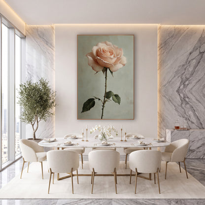 Blush Garden Rose Romantic Botanical wall art in an elegant modern room – single blush pink garden rose on a long