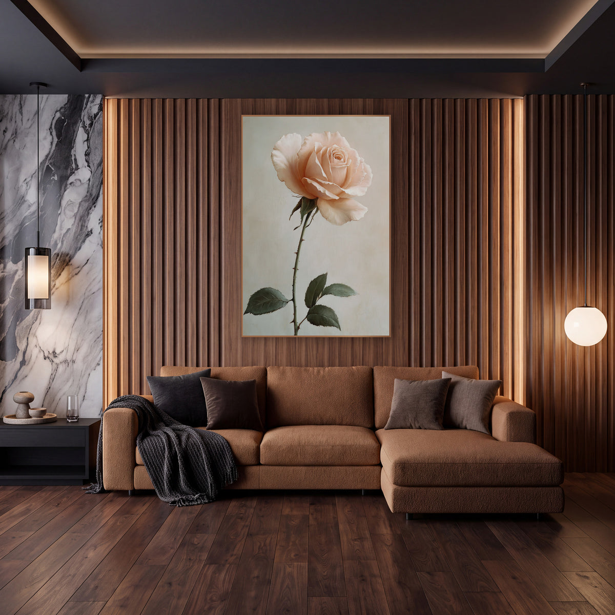 Blush Rose Stem Romantic Botanical wall art in an elegant modern room – single blush-peach garden rose on a long