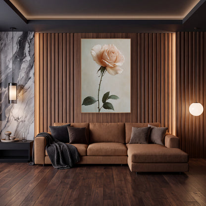 Blush Rose Stem Romantic Botanical wall art in an elegant modern room – single blush-peach garden rose on a long