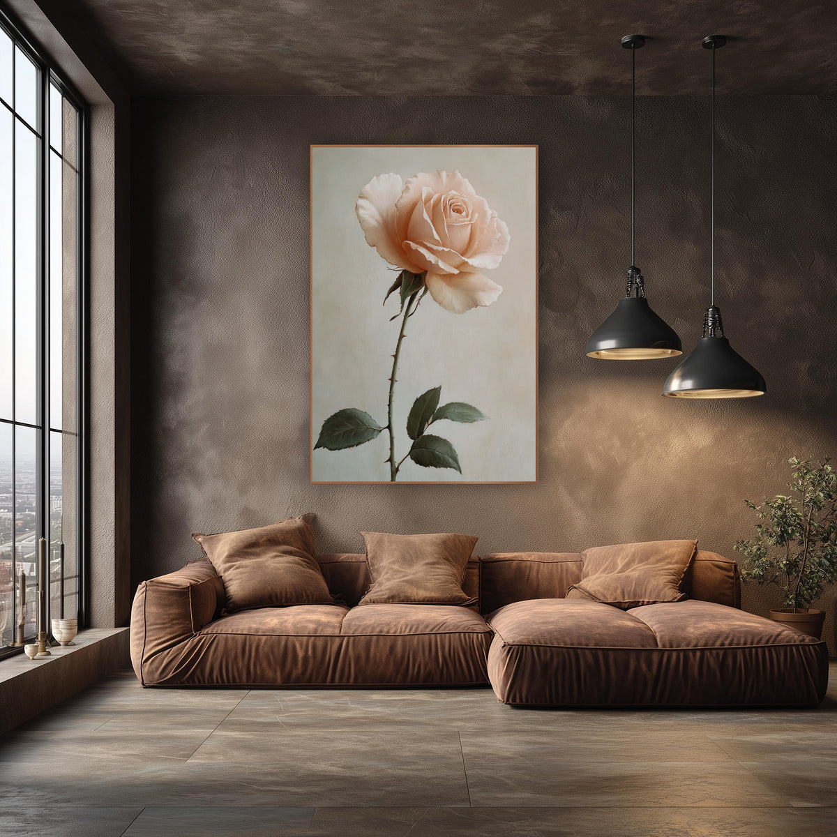 Blush Rose Stem Romantic Botanical wall art in an elegant modern room – single blush-peach garden rose on a long