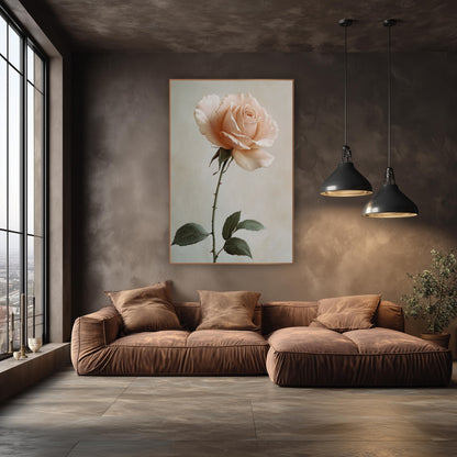 Blush Rose Stem Romantic Botanical wall art in an elegant modern room – single blush-peach garden rose on a long