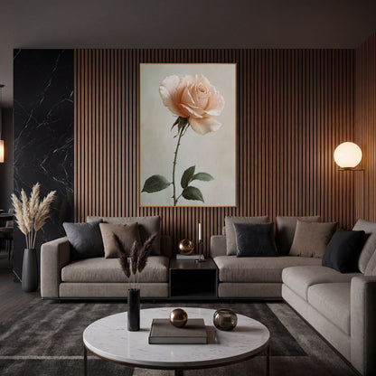 Blush Rose Stem Romantic Botanical wall art in an elegant modern room – single blush-peach garden rose on a long