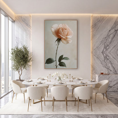 Blush Rose Stem Romantic Botanical wall art in an elegant modern room – single blush-peach garden rose on a long