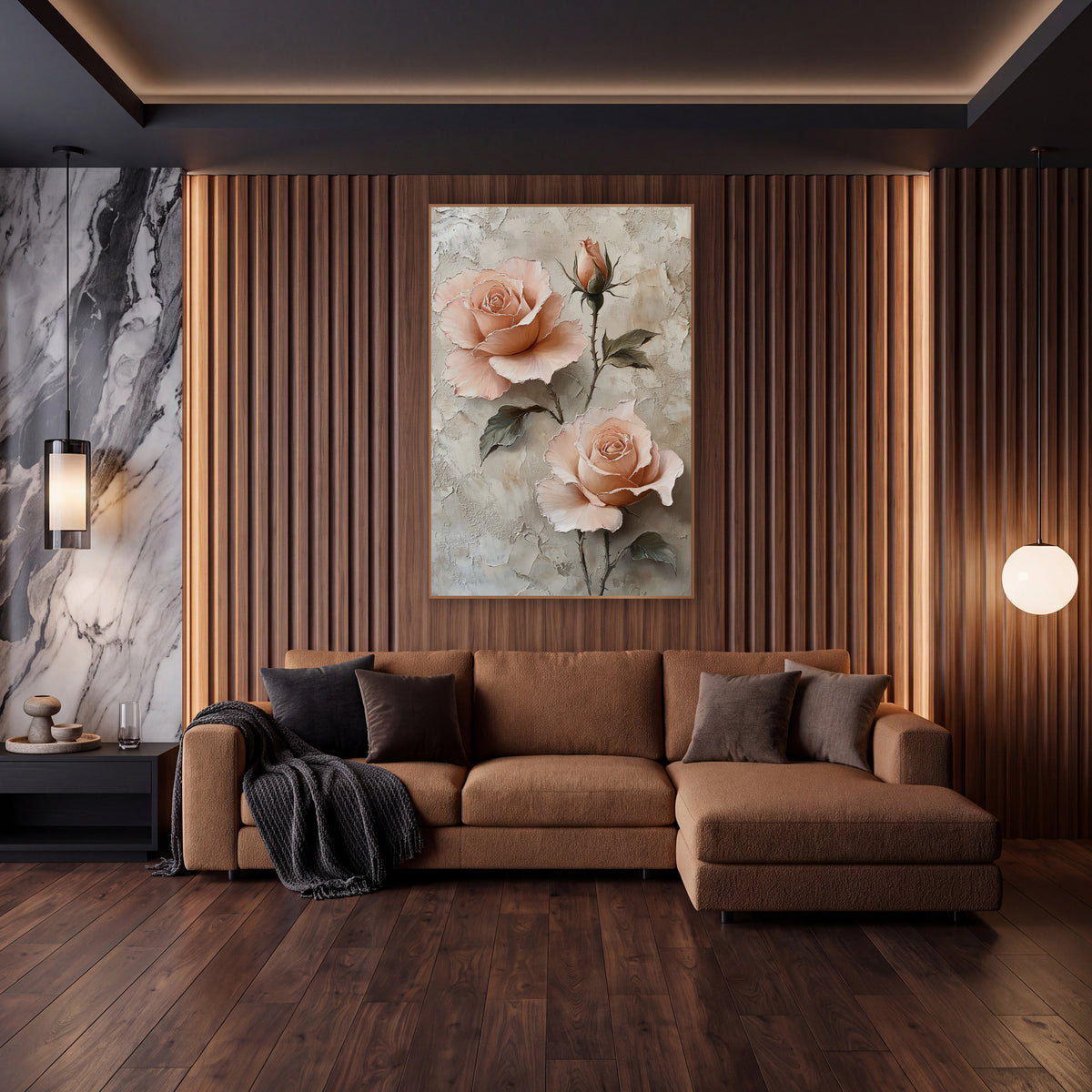 Peach Rose Trio Romantic Botanical wall art in an elegant modern room – two open peach roses and a rosebud
