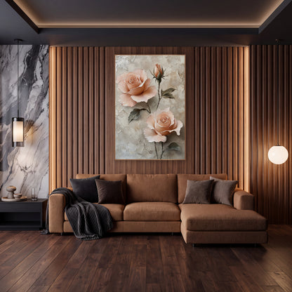 Peach Rose Trio Romantic Botanical wall art in an elegant modern room – two open peach roses and a rosebud