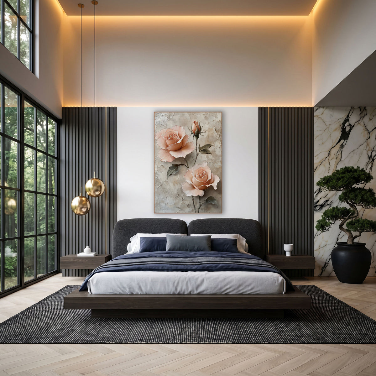 Peach Rose Trio Romantic Botanical wall art in an elegant modern room – two open peach roses and a rosebud