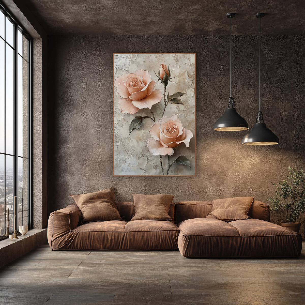Peach Rose Trio Romantic Botanical wall art in an elegant modern room – two open peach roses and a rosebud