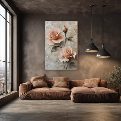 Peach Rose Trio Romantic Botanical wall art in an elegant modern room – two open peach roses and a rosebud