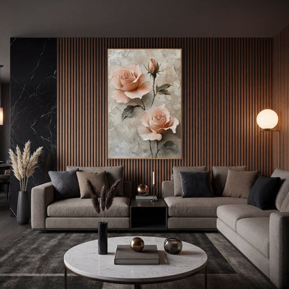 Peach Rose Trio Romantic Botanical wall art in an elegant modern room – two open peach roses and a rosebud