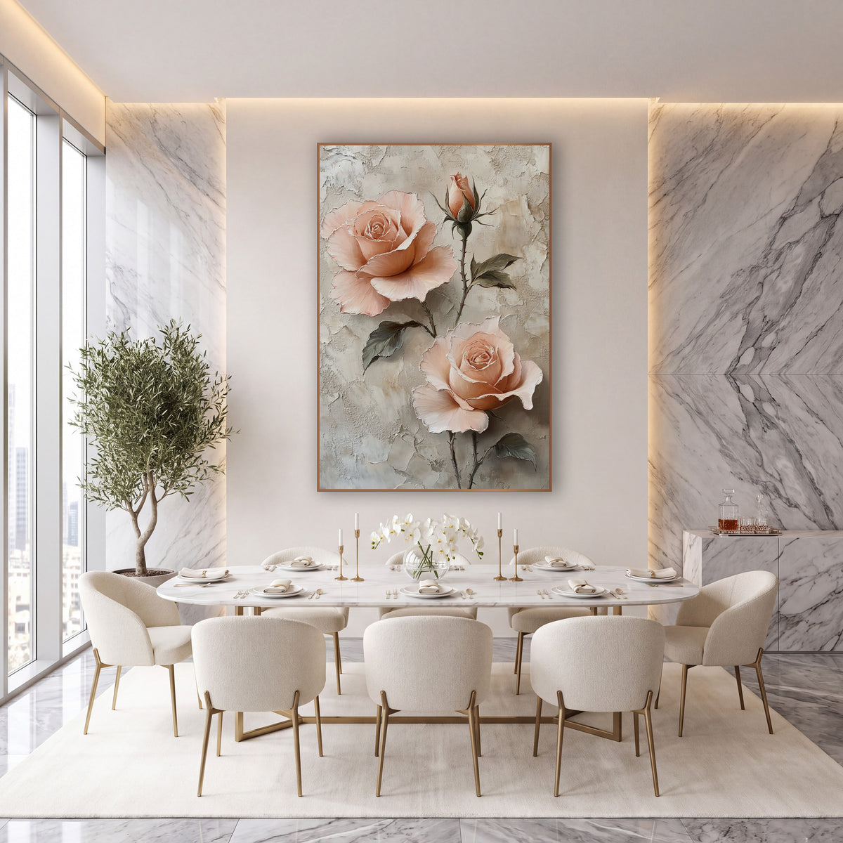 Peach Rose Trio Romantic Botanical wall art in an elegant modern room – two open peach roses and a rosebud