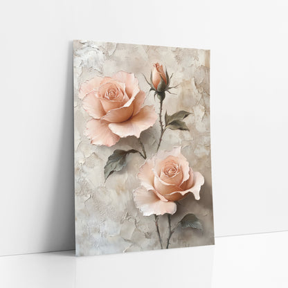 Peach Rose Trio Romantic Botanical art print leaning against a white wall – two open peach roses and a rosebud