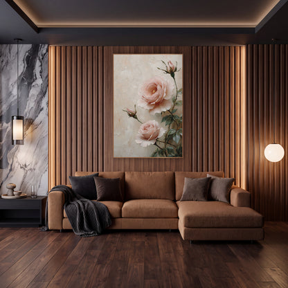 Blush Pink Garden Roses Romantic wall art in an elegant modern room – two blush pink garden roses and two buds