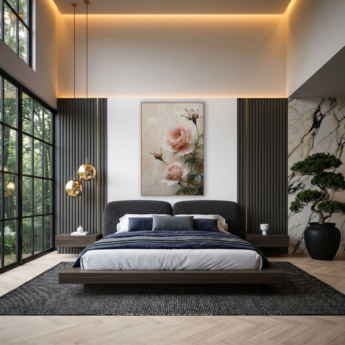 Blush Pink Garden Roses Romantic wall art in an elegant modern room – two blush pink garden roses and two buds