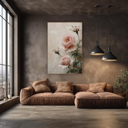 Blush Pink Garden Roses Romantic wall art in an elegant modern room – two blush pink garden roses and two buds