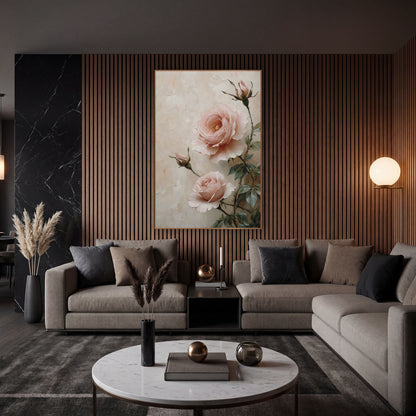 Blush Pink Garden Roses Romantic wall art in an elegant modern room – two blush pink garden roses and two buds
