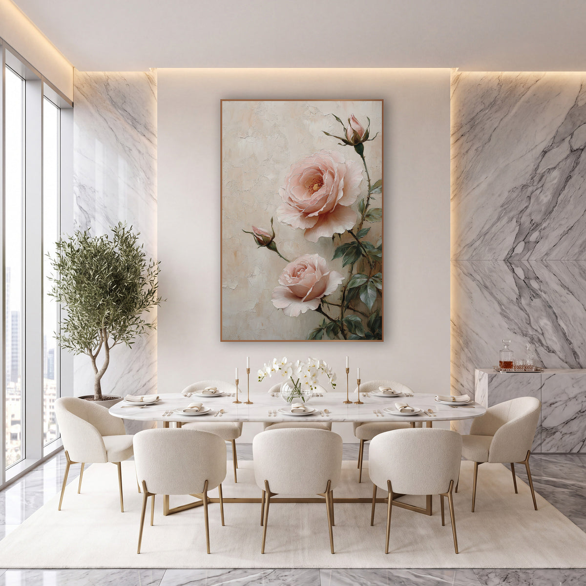 Blush Pink Garden Roses Romantic wall art in an elegant modern room – two blush pink garden roses and two buds