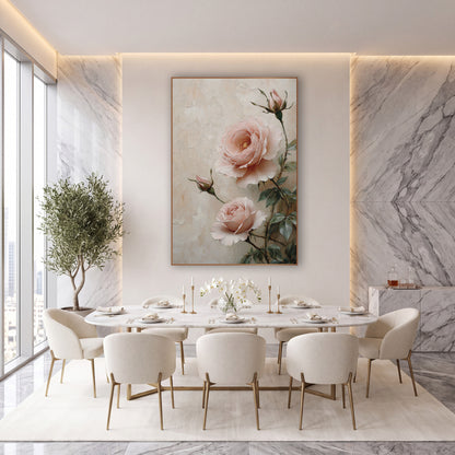 Blush Pink Garden Roses Romantic wall art in an elegant modern room – two blush pink garden roses and two buds
