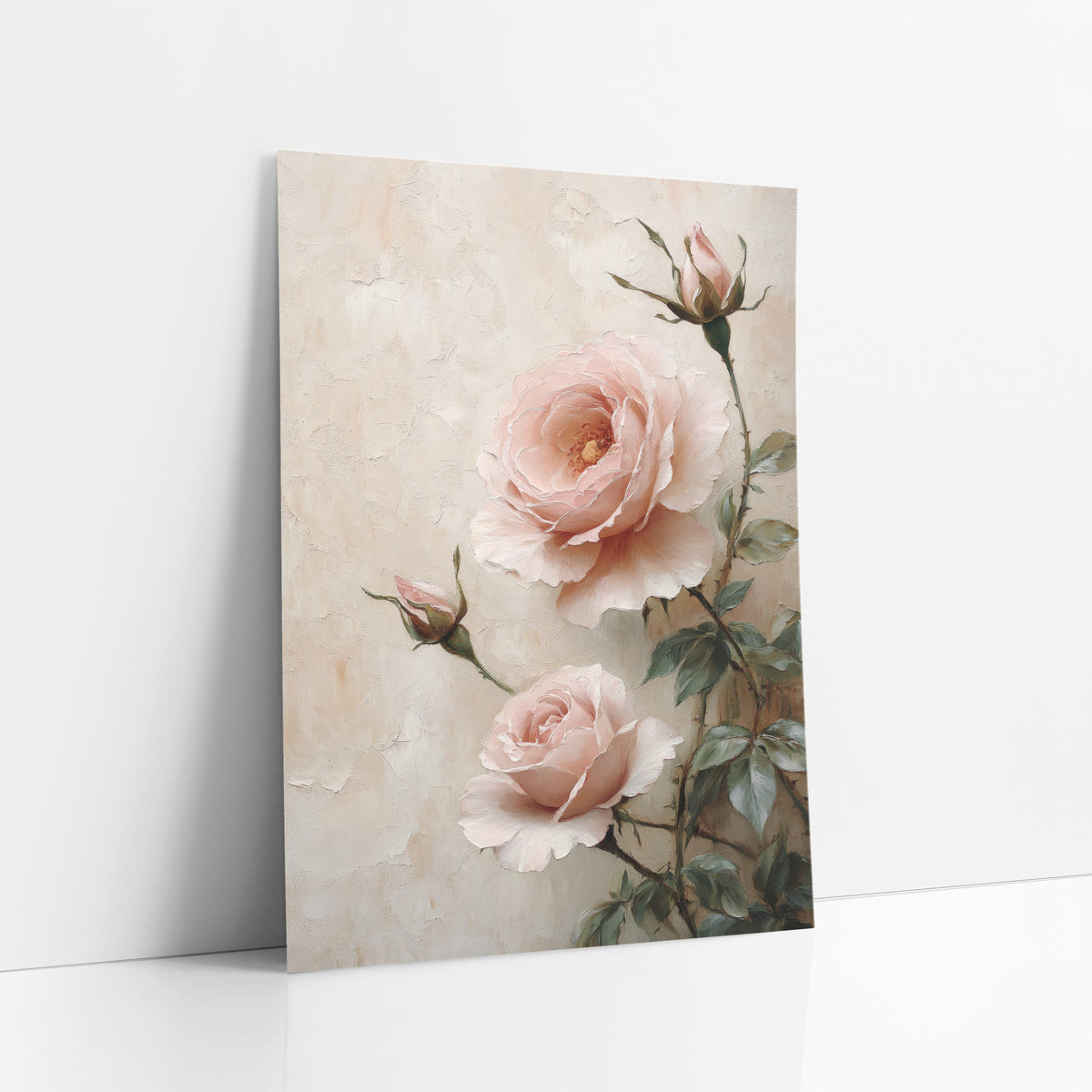 Blush Pink Garden Roses Romantic art print leaning against a white wall – two blush pink garden roses and two buds with green