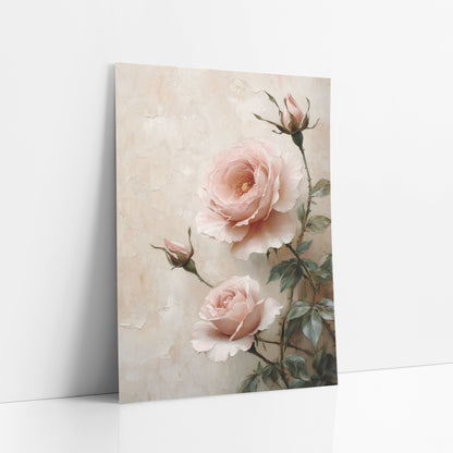 Blush Pink Garden Roses Romantic art print leaning against a white wall – two blush pink garden roses and two buds with green