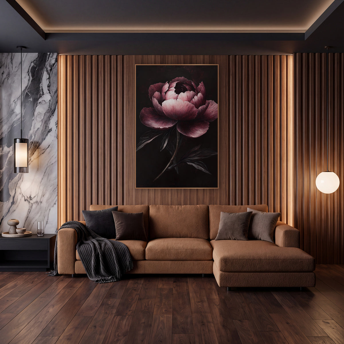 Garnet Peony Spotlight Painterly wall art in an elegant modern room – single garnet and blush pink peony with ruffled