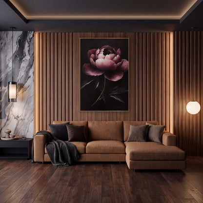 Garnet Peony Spotlight Painterly wall art in an elegant modern room – single garnet and blush pink peony with ruffled