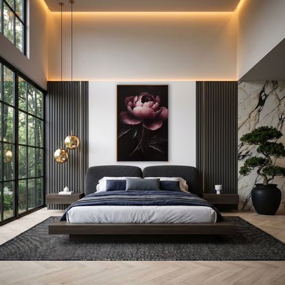 Garnet Peony Spotlight Painterly wall art in an elegant modern room – single garnet and blush pink peony with ruffled