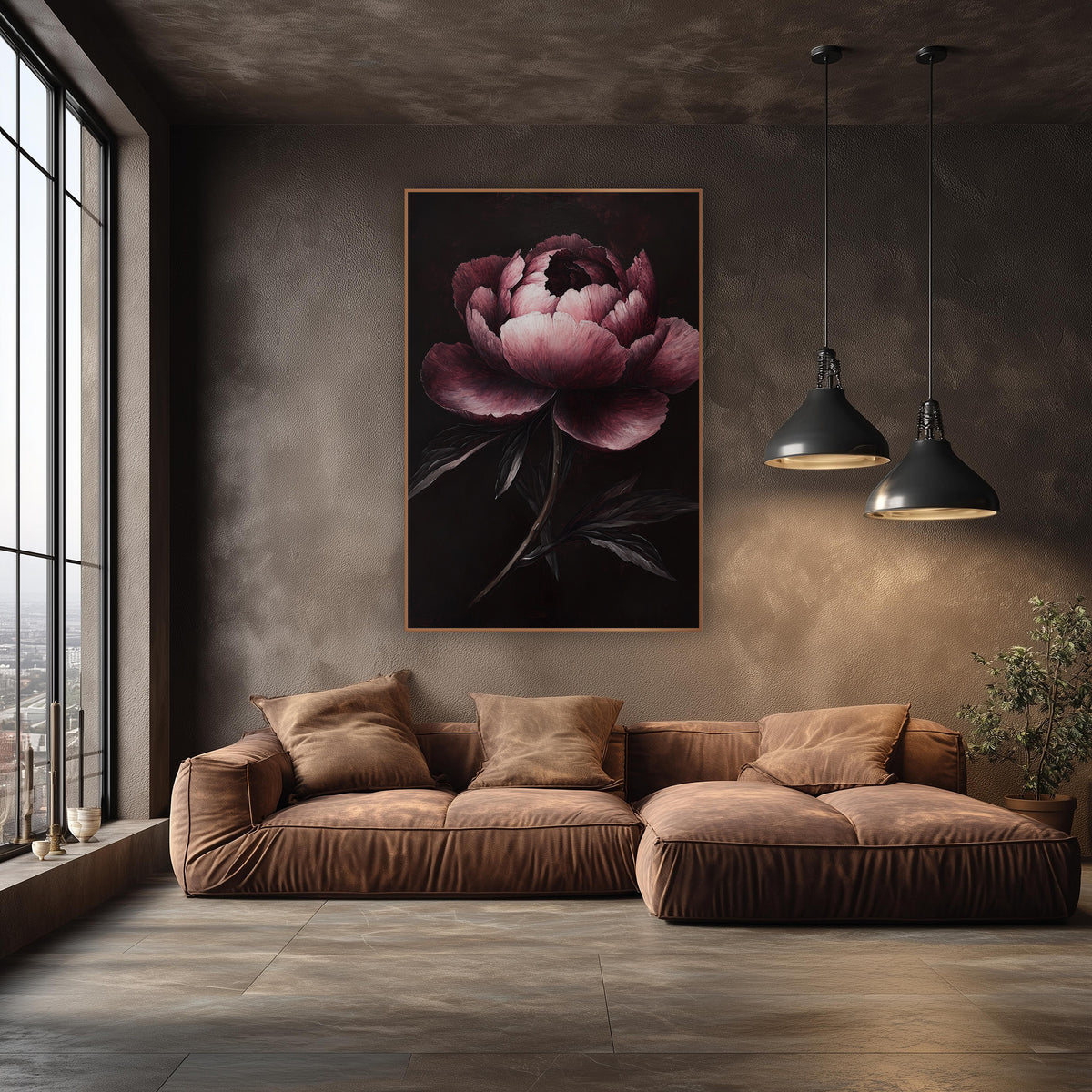 Garnet Peony Spotlight Painterly wall art in an elegant modern room – single garnet and blush pink peony with ruffled
