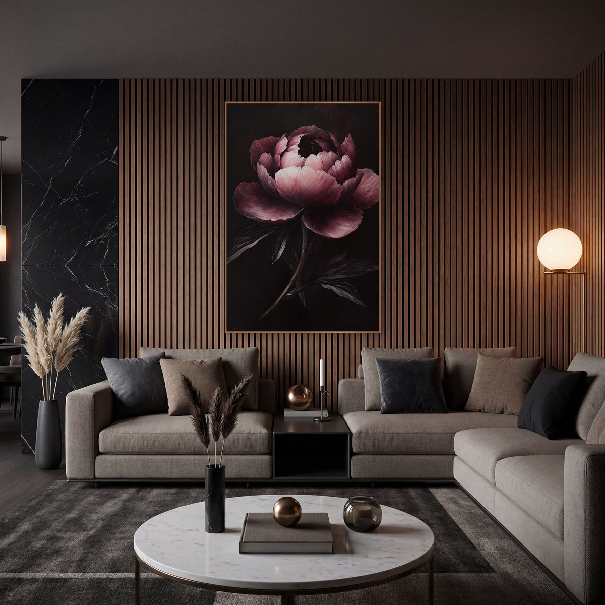 Garnet Peony Spotlight Painterly wall art in an elegant modern room – single garnet and blush pink peony with ruffled