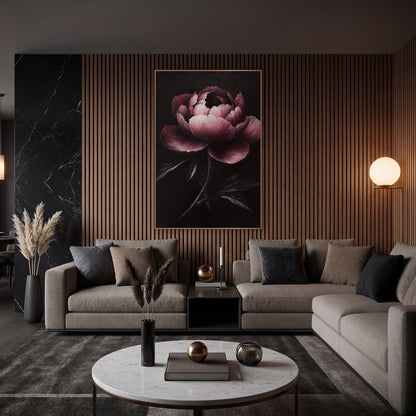 Garnet Peony Spotlight Painterly wall art in an elegant modern room – single garnet and blush pink peony with ruffled