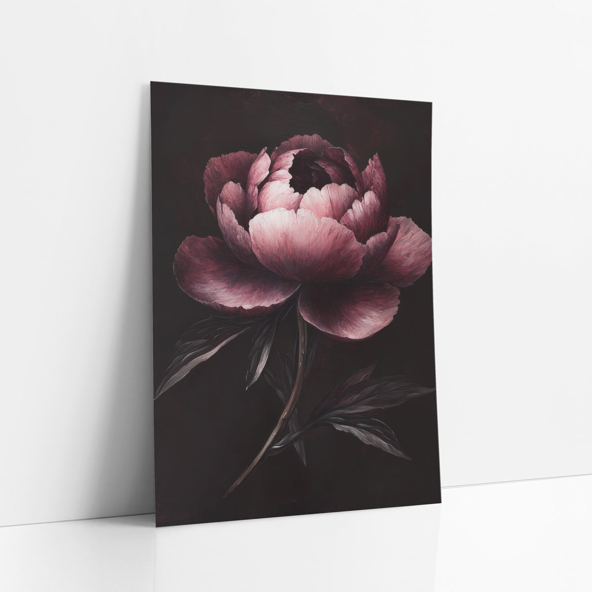 Garnet Peony Spotlight Painterly art print leaning against a white wall – single garnet and blush pink peony with ruffled