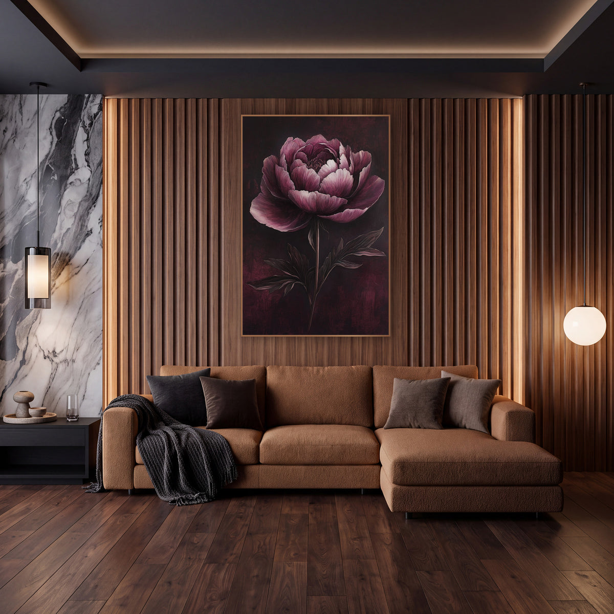 Garnet Peony Shadow Botanical wall art in an elegant modern room – large garnet peony with ruffled blush and burgundy