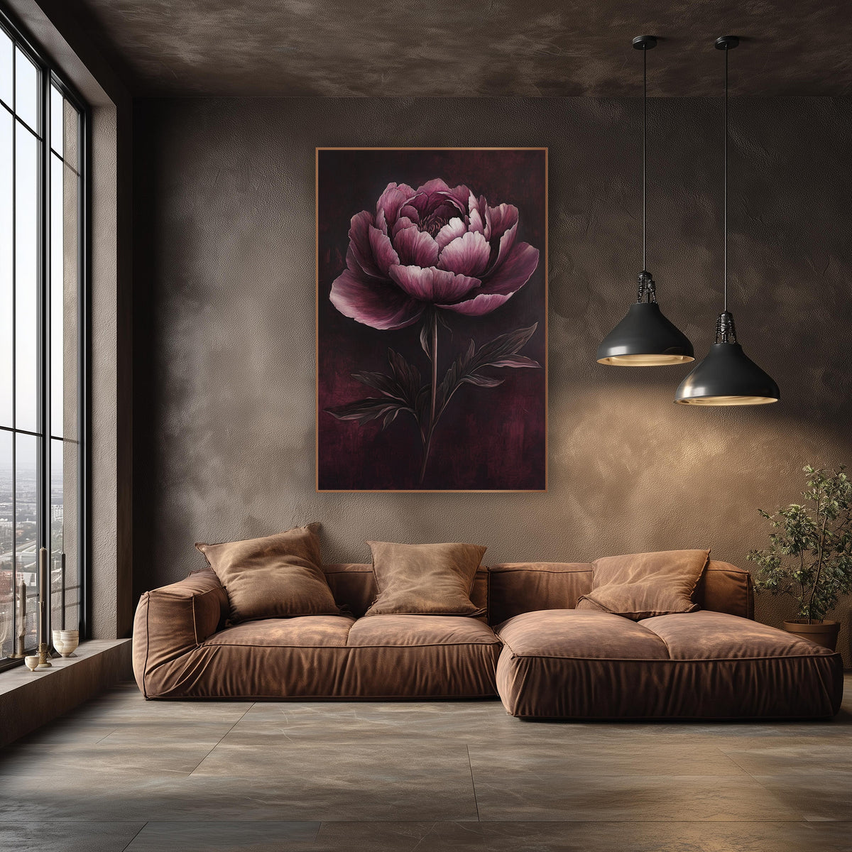 Garnet Peony Shadow Botanical wall art in an elegant modern room – large garnet peony with ruffled blush and burgundy