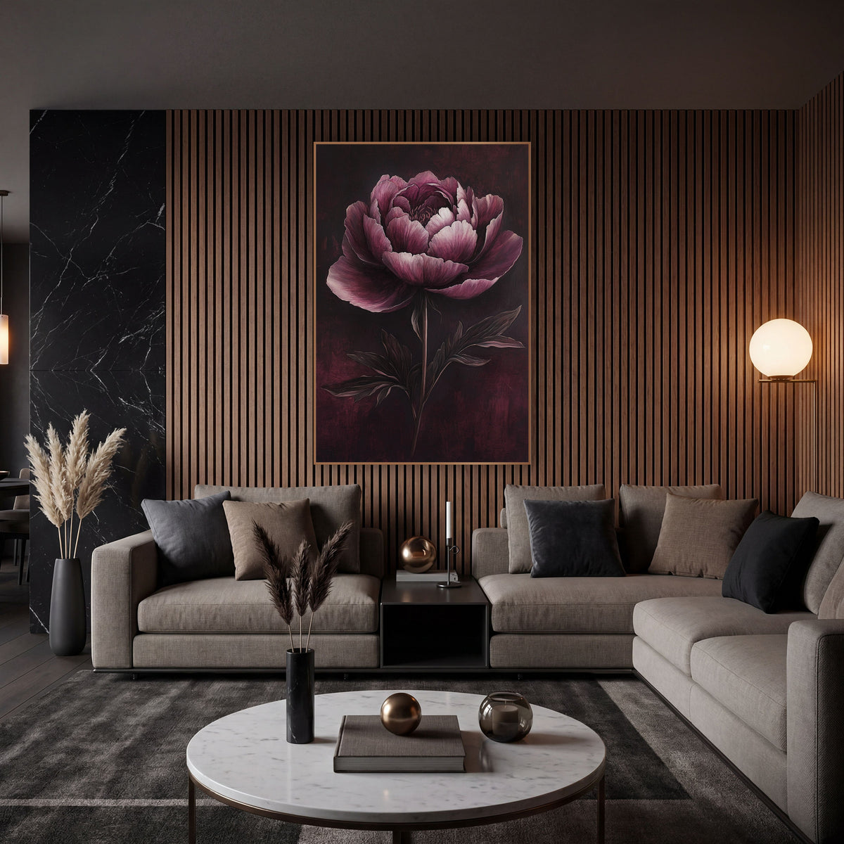 Garnet Peony Shadow Botanical wall art in an elegant modern room – large garnet peony with ruffled blush and burgundy