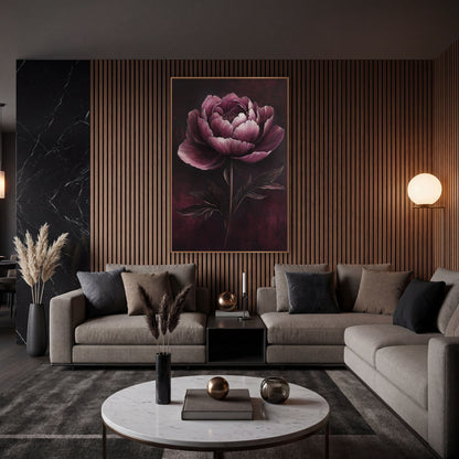 Garnet Peony Shadow Botanical wall art in an elegant modern room – large garnet peony with ruffled blush and burgundy
