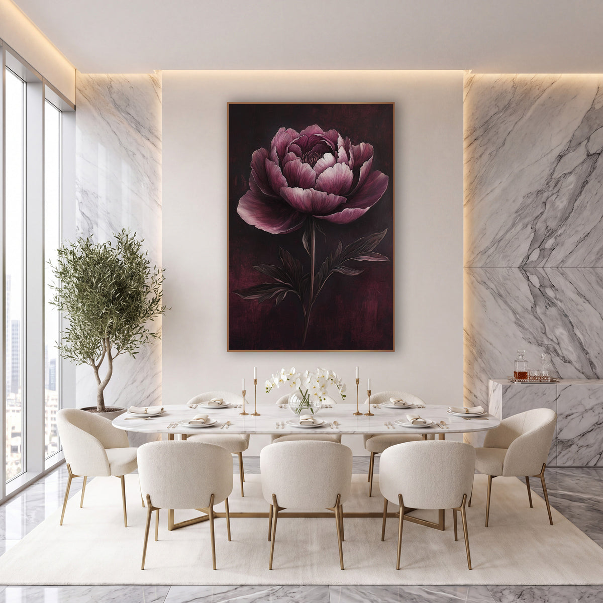 Garnet Peony Shadow Botanical wall art in an elegant modern room – large garnet peony with ruffled blush and burgundy