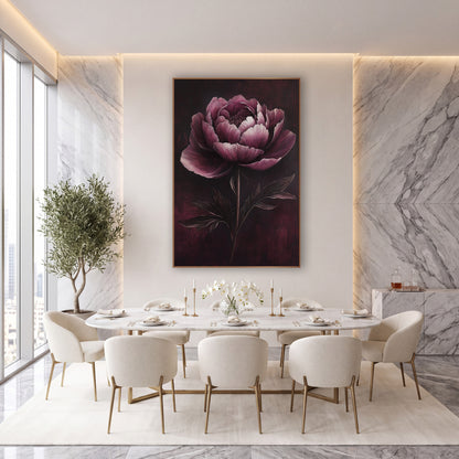 Garnet Peony Shadow Botanical wall art in an elegant modern room – large garnet peony with ruffled blush and burgundy