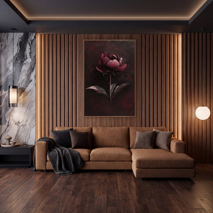 Moody Burgundy Peony Floral wall art in an elegant modern room – single garnet peony with ruffled petals and three