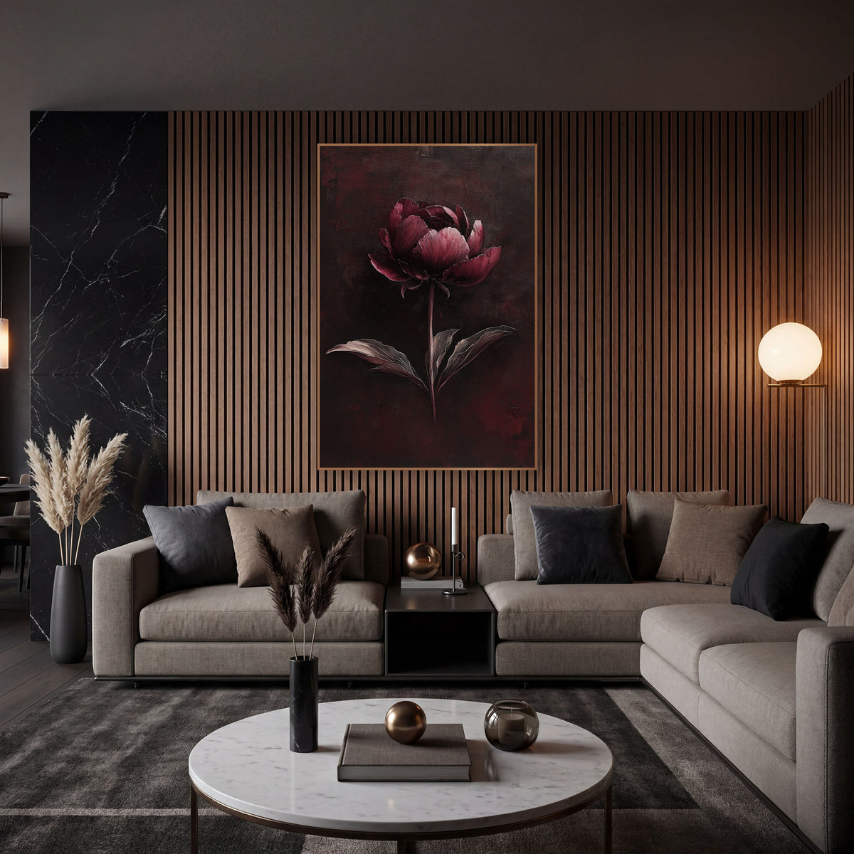 Moody Burgundy Peony Floral wall art in an elegant modern room – single garnet peony with ruffled petals and three