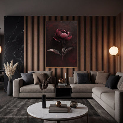 Moody Burgundy Peony Floral wall art in an elegant modern room – single garnet peony with ruffled petals and three