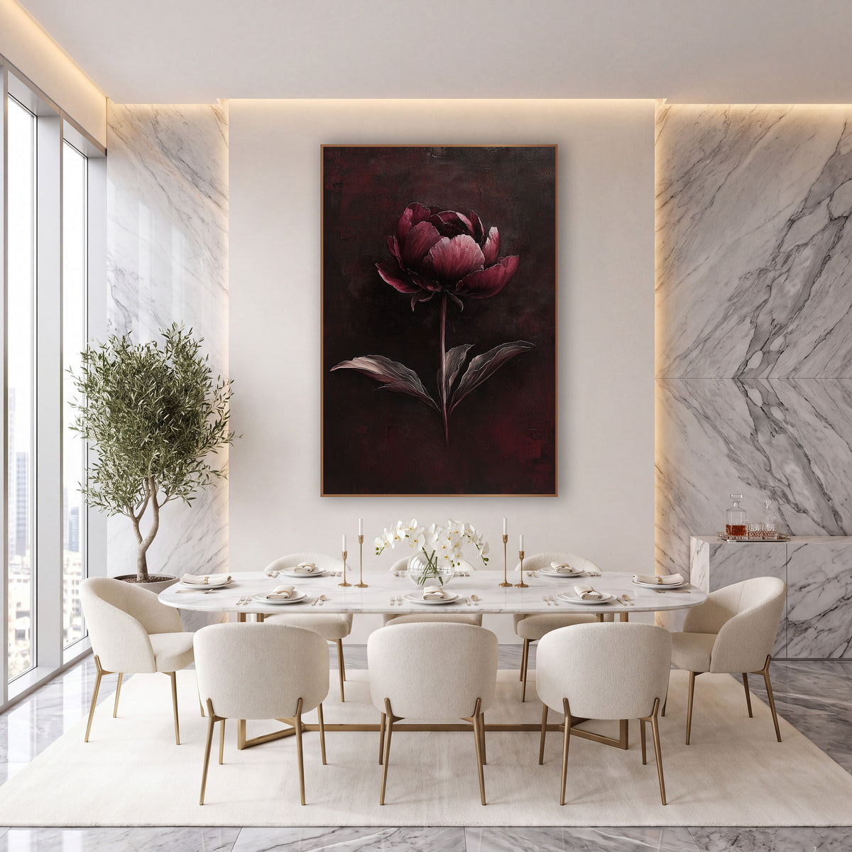Moody Burgundy Peony Floral wall art in an elegant modern room – single garnet peony with ruffled petals and three