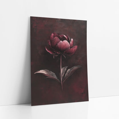 Moody Burgundy Peony Floral art print leaning against a white wall – single garnet peony with ruffled petals and three