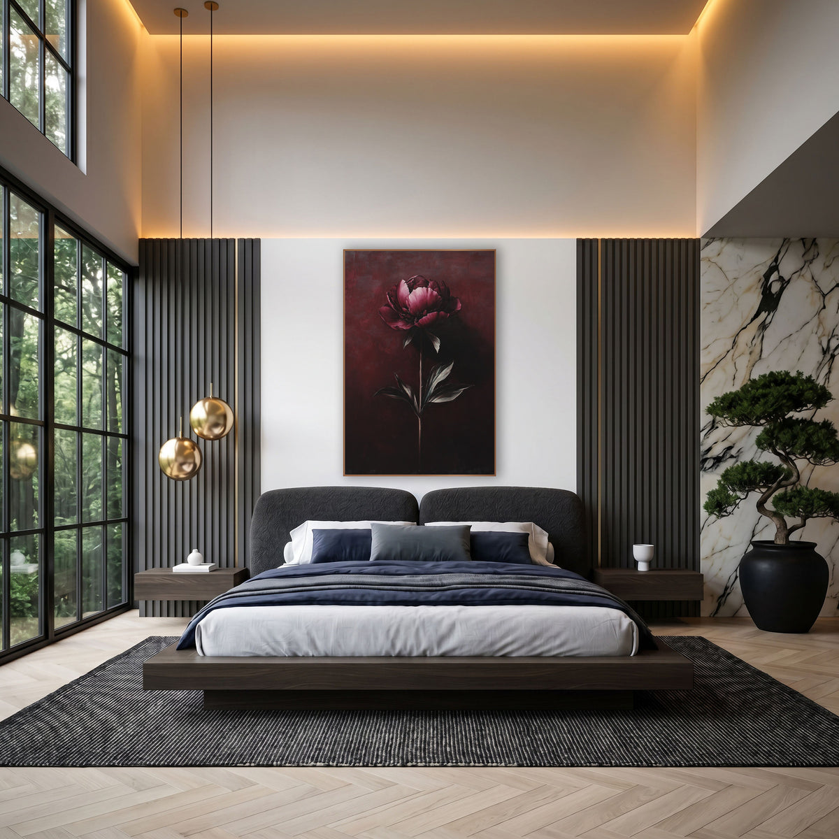 Garnet Peony Shadowcast Gradient Moody wall art in an elegant modern room – single garnet peony with silvery-gray