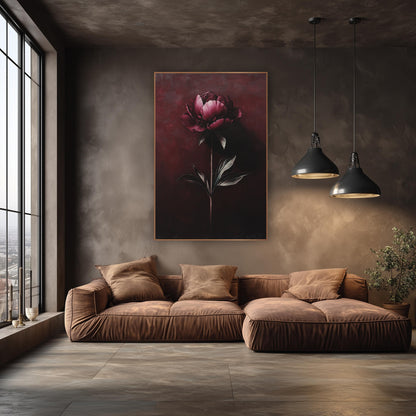 Garnet Peony Shadowcast Gradient Moody wall art in an elegant modern room – single garnet peony with silvery-gray